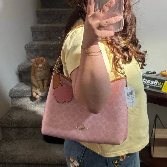 Coach Laurel Powder Pink Signature Shoulder Bag with Floral Charm - Picture 8 of 8